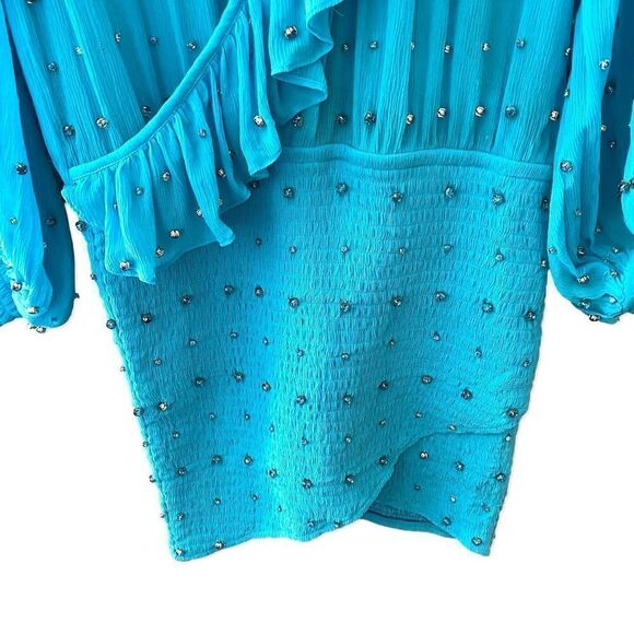 Retrofete Lennon Dress embellished smocked mini chiffon rhinestone acqua blue M - Picture 10 of 15